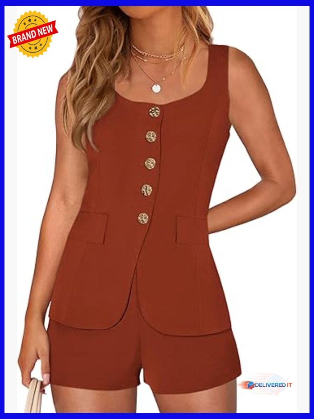Sleeveless Vest & Shorts Set with Gold Buttons for Women